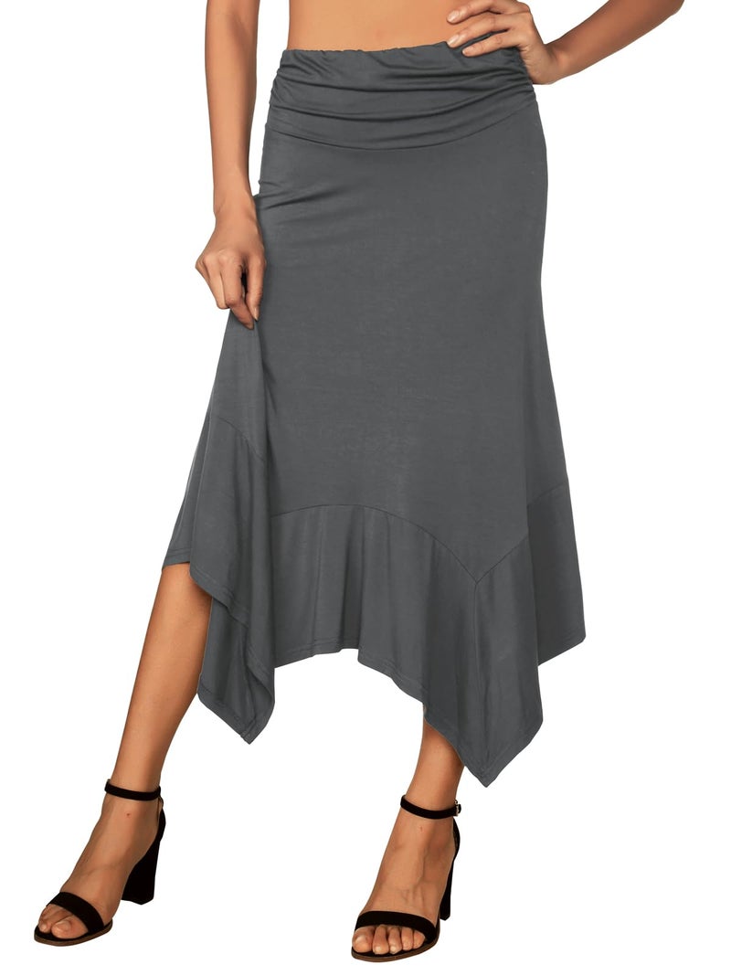 DJT Women's Ruched Elastic Waist Soft Flowy Handkerchief Hem Midi Swing Skirt Large Dark Grey - Image 2